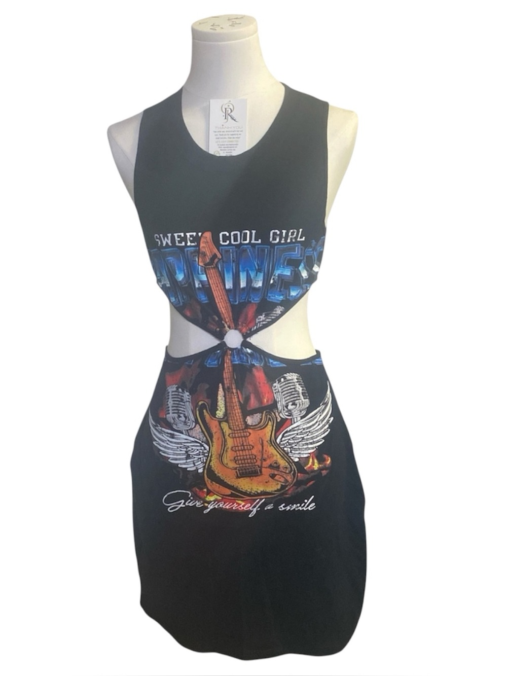SheinSky Black Graphic Cutout Women’s Dress with Guitar Motif size L